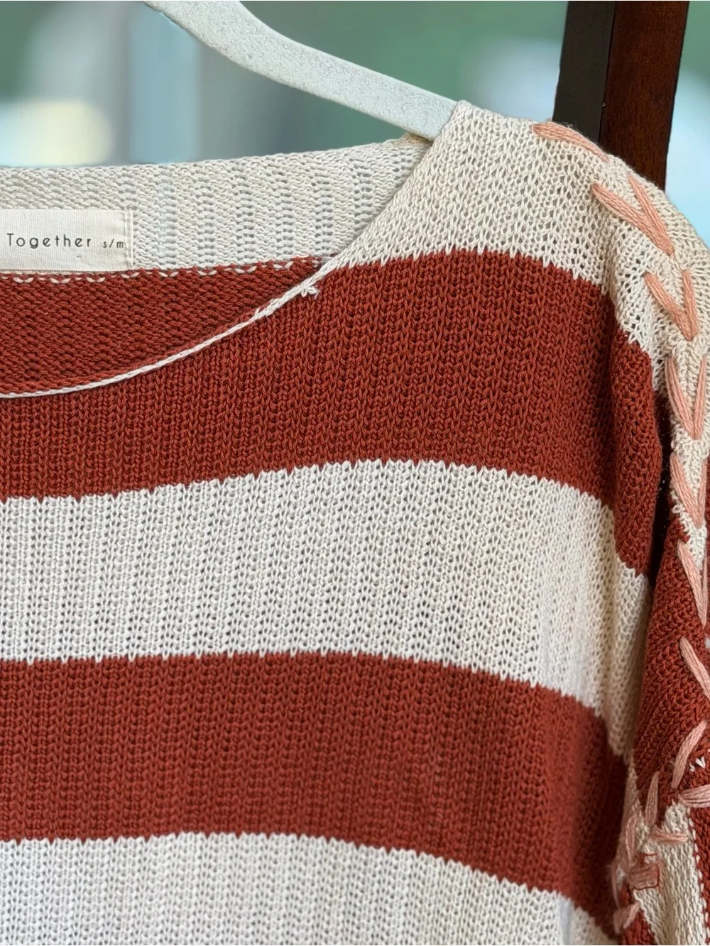 By Together Striped Lace-Up Sleeve Sweater S/M Rust Cream 100% Cotton Boho
